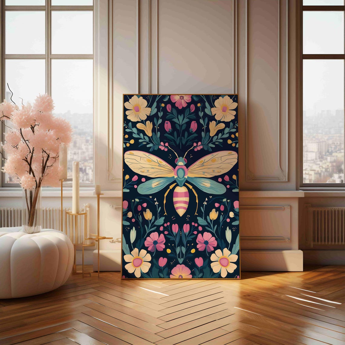 Symmetrical Folk Art Bee With Garden Flowers Deep Navy Art Print - Image 4