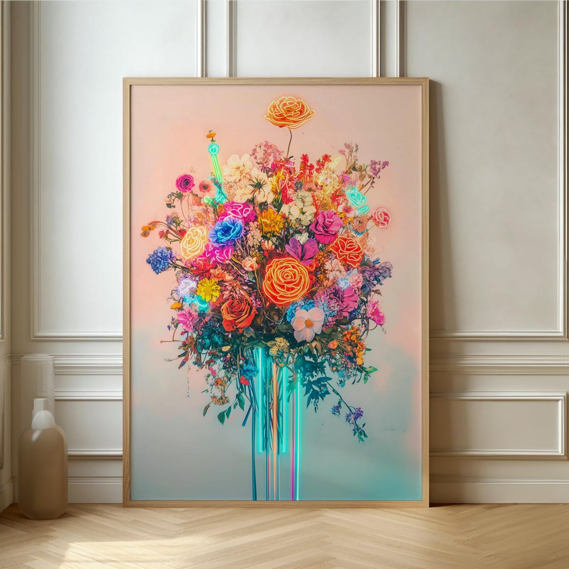 Neon Glowing Flower Bouquet on Pastel Background Modern Art Poster