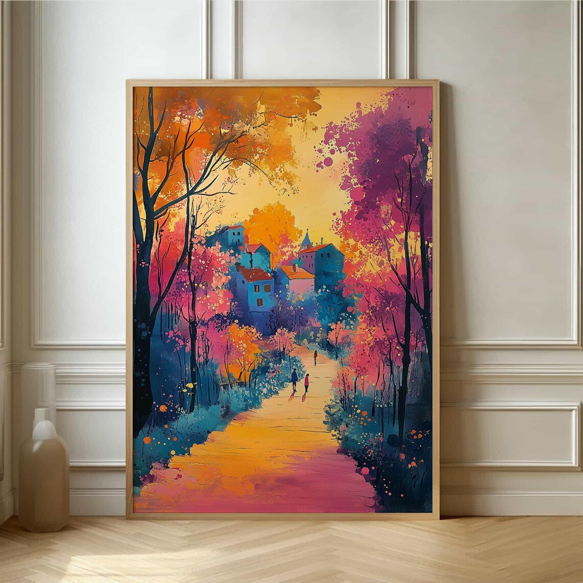 Village Scene Autumn Landscape Poster, Abstract Style
