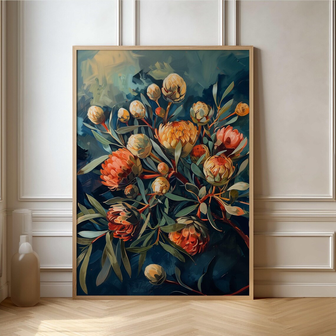 Modern Protea Flowers Botanical Art Print, Floral Decor