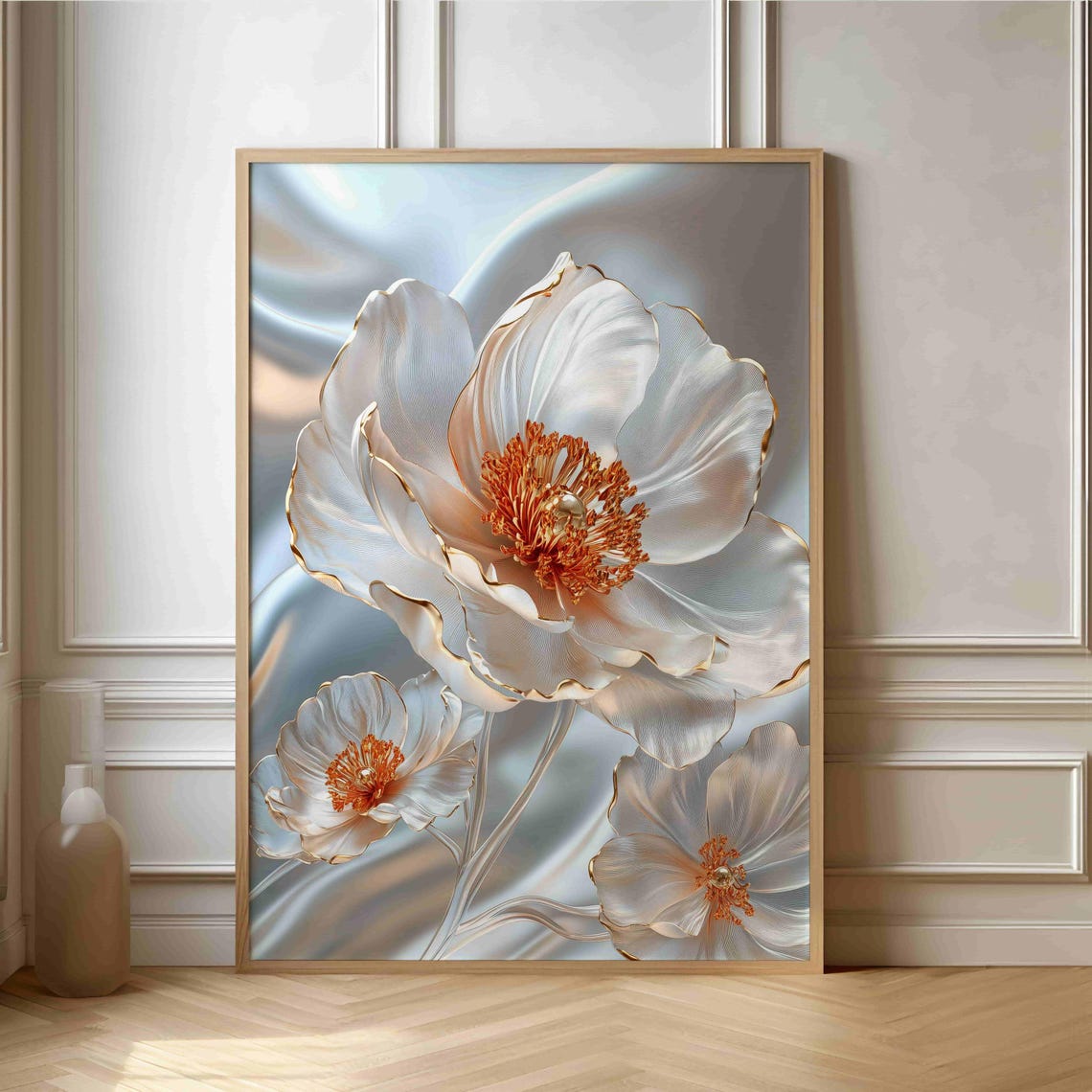 White And Copper Metallic Blossom Flower Elegant Silk Wall Print