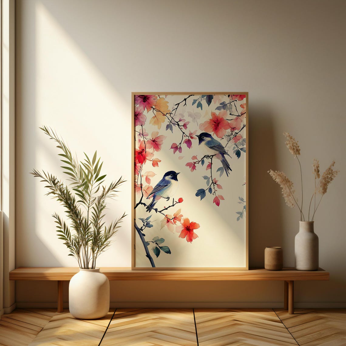 Blue Birds On Cherry Blossom Branches Watercolor Floral Poster - Image 3