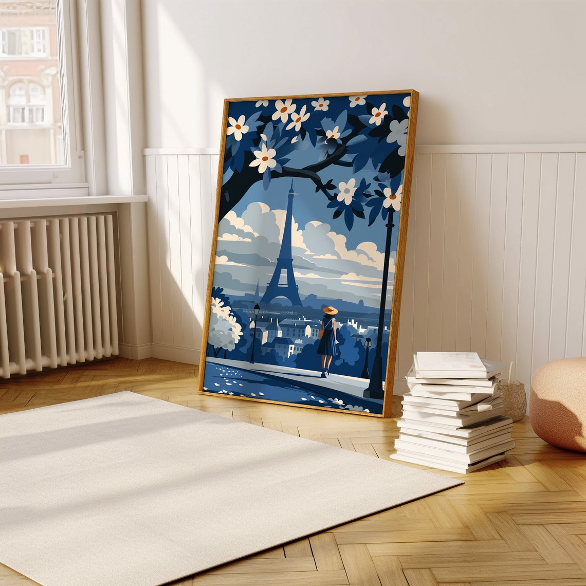 Paris Eiffel Tower View With Woman in Straw Hat Floral Poster - Image 5