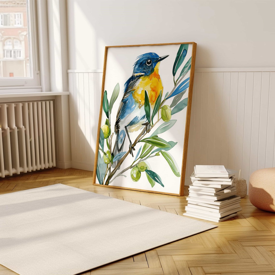 Blue and Yellow Songbird Perched on an Olive Branch Art Poster - Image 5