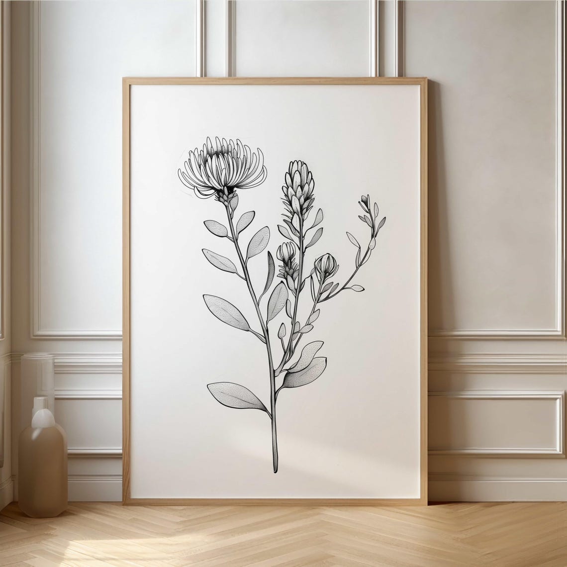 Protea Stems And Buds Pencil Sketch Black White Botanical Art Poster