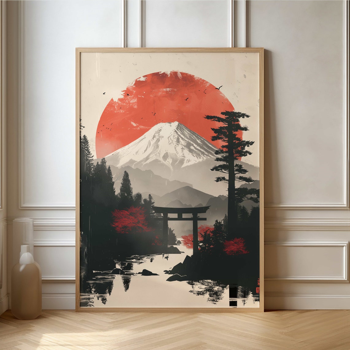 Mount Fuji With Torii Gate And Red Sun Japanese Style Art Poster