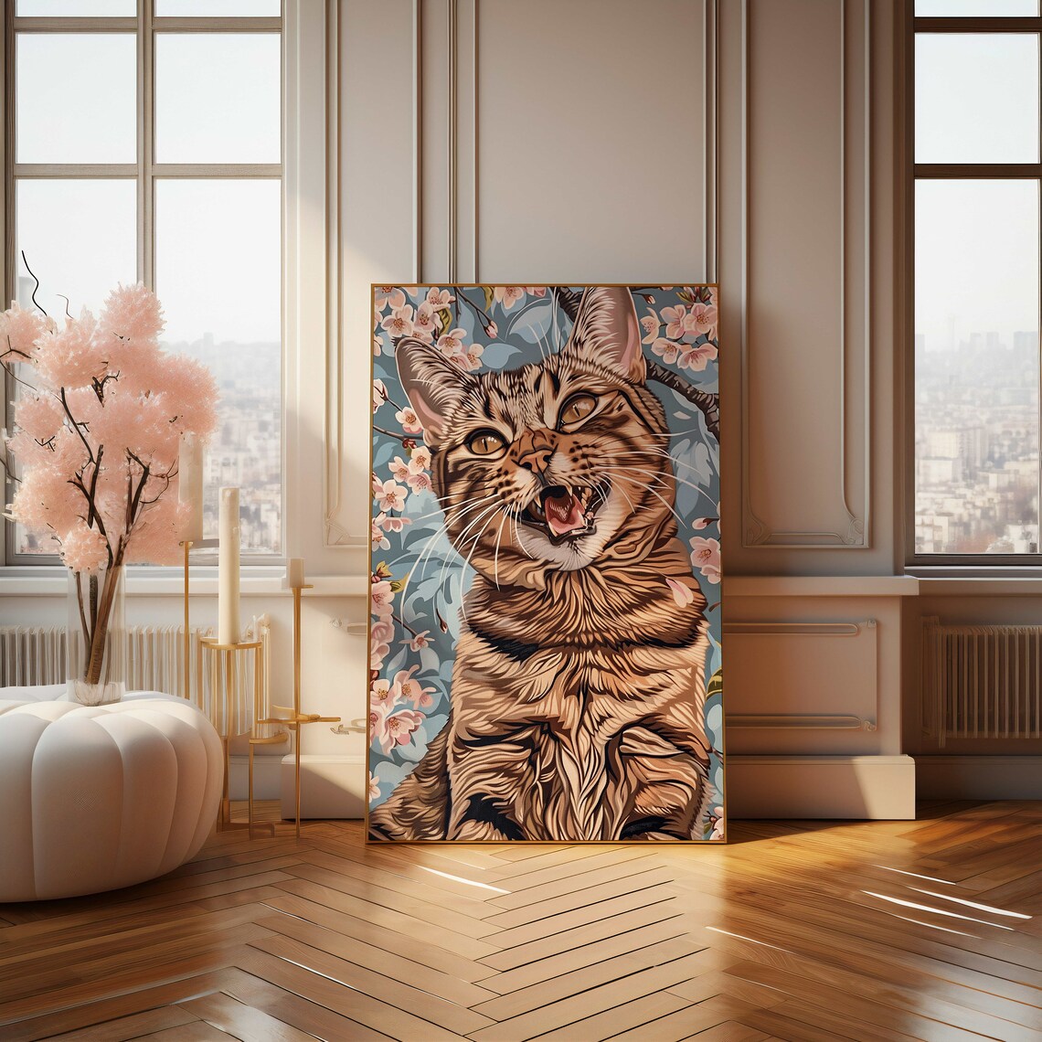 Playful Tabby Cat With Cherry Blossom Background Illustration Poster - Image 4