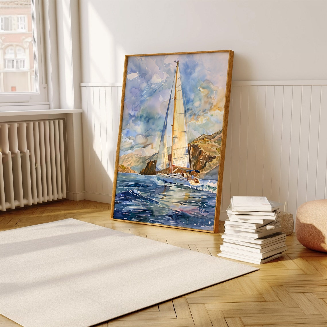 Watercolor Sailboat Sailing Past Rocky Cliffs at Sunset Poster - Image 5