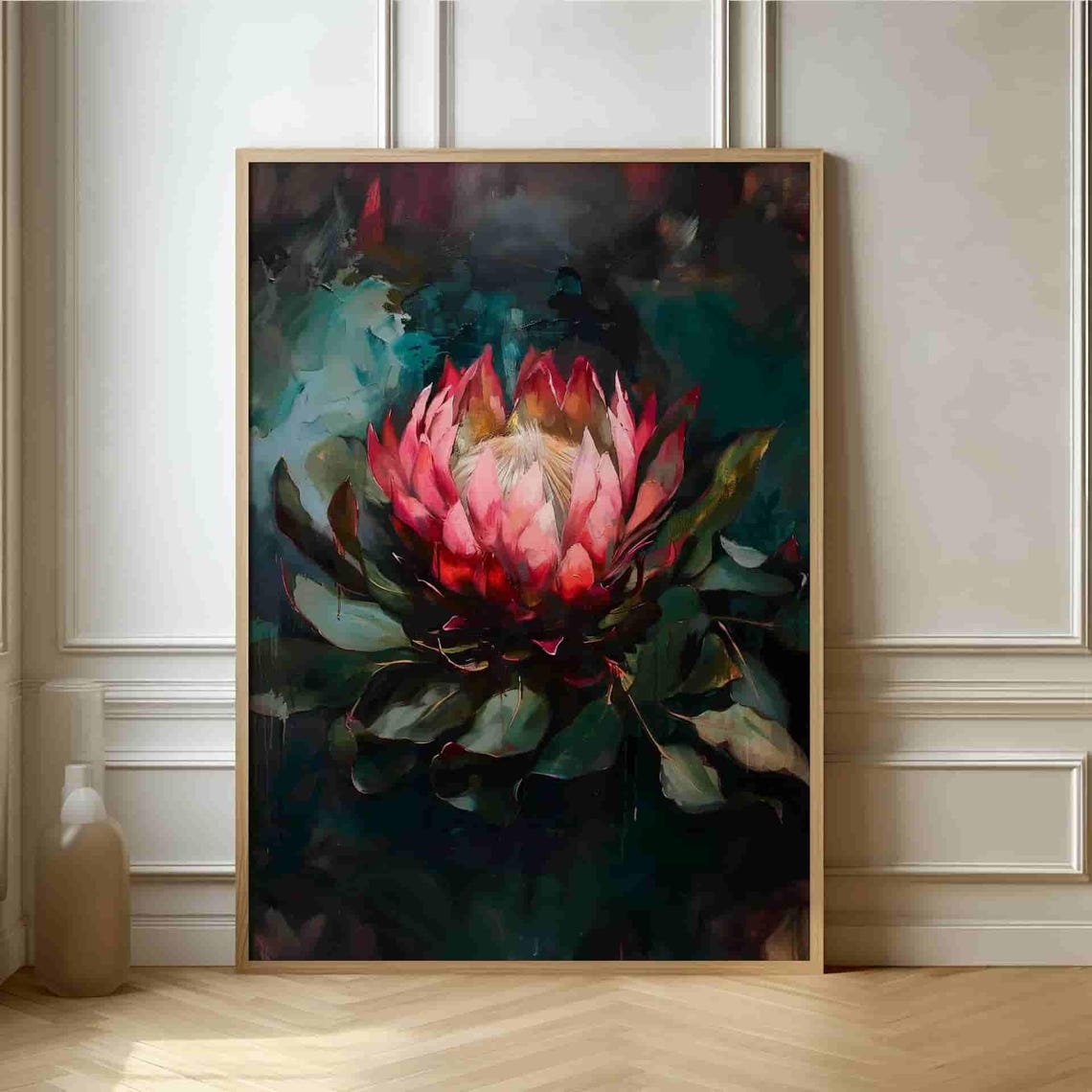 Pink Protea Abstract Loose Expressive Brushwork on Dark Teal Poster