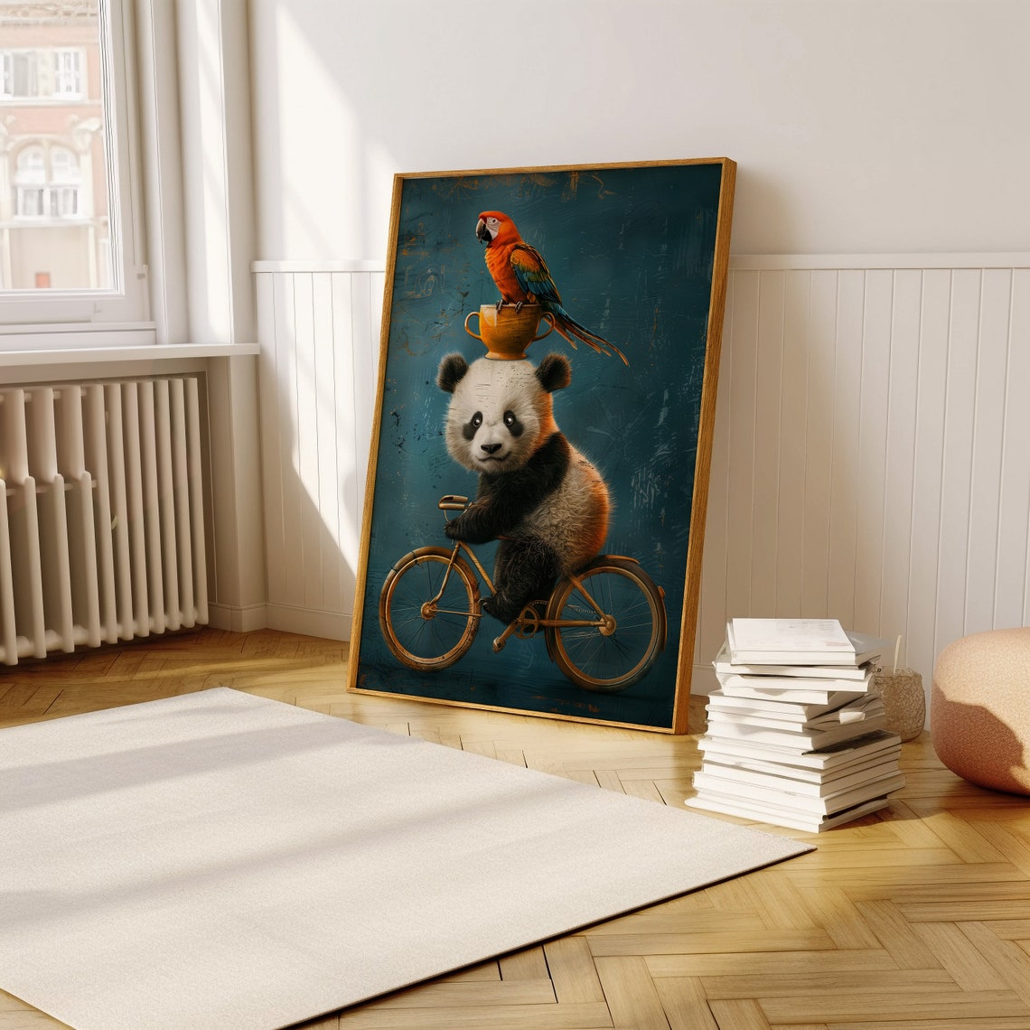 Panda Riding a Bicycle With Parrot on Its Head Whimsical Poster - Image 5