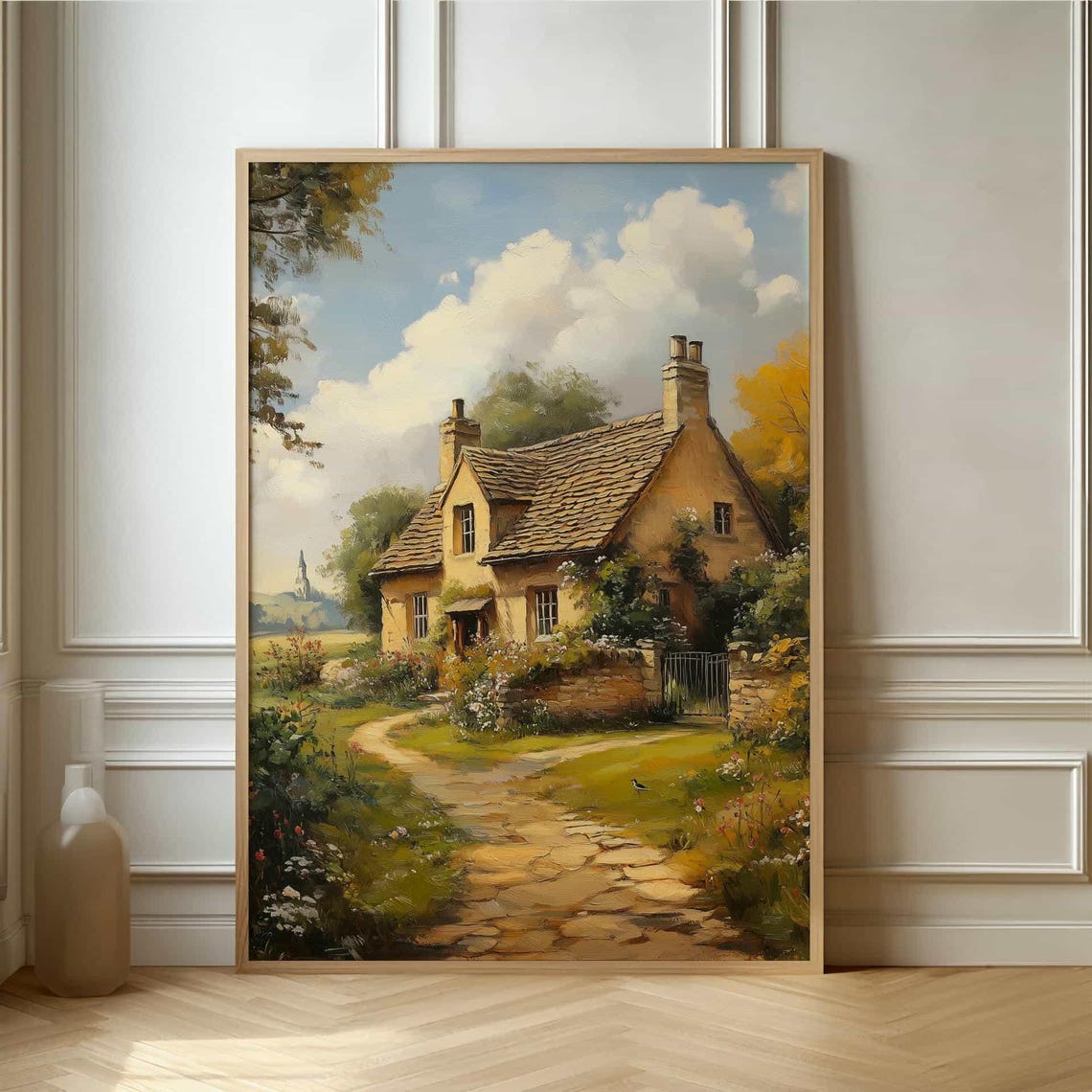 Charming Stone Cottage with Garden Path Rustic Oil Painting Poster