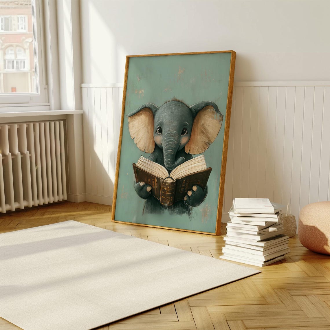 Baby Elephant Reading A Book On Teal Cute Nursery Room Poster - Image 5