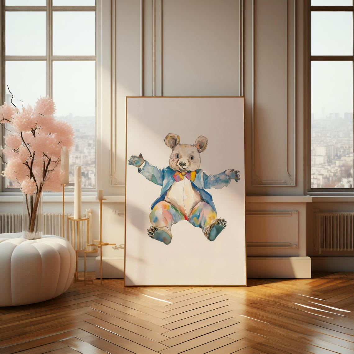 Dancing Bear In Blue Jacket Watercolor Whimsical Nursery Poster - Image 4
