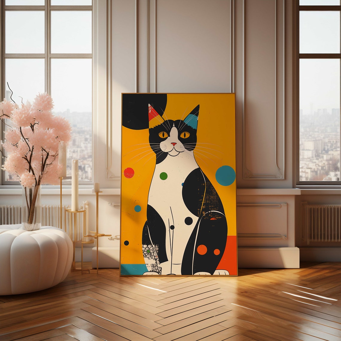 Geometric Modern Black And White Cat On Bold Yellow Pop Art Poster - Image 4
