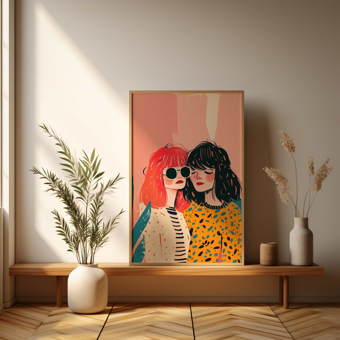 Two Cool Girlfriends Retro Fashion Portrait Illustration Poster - Image 3