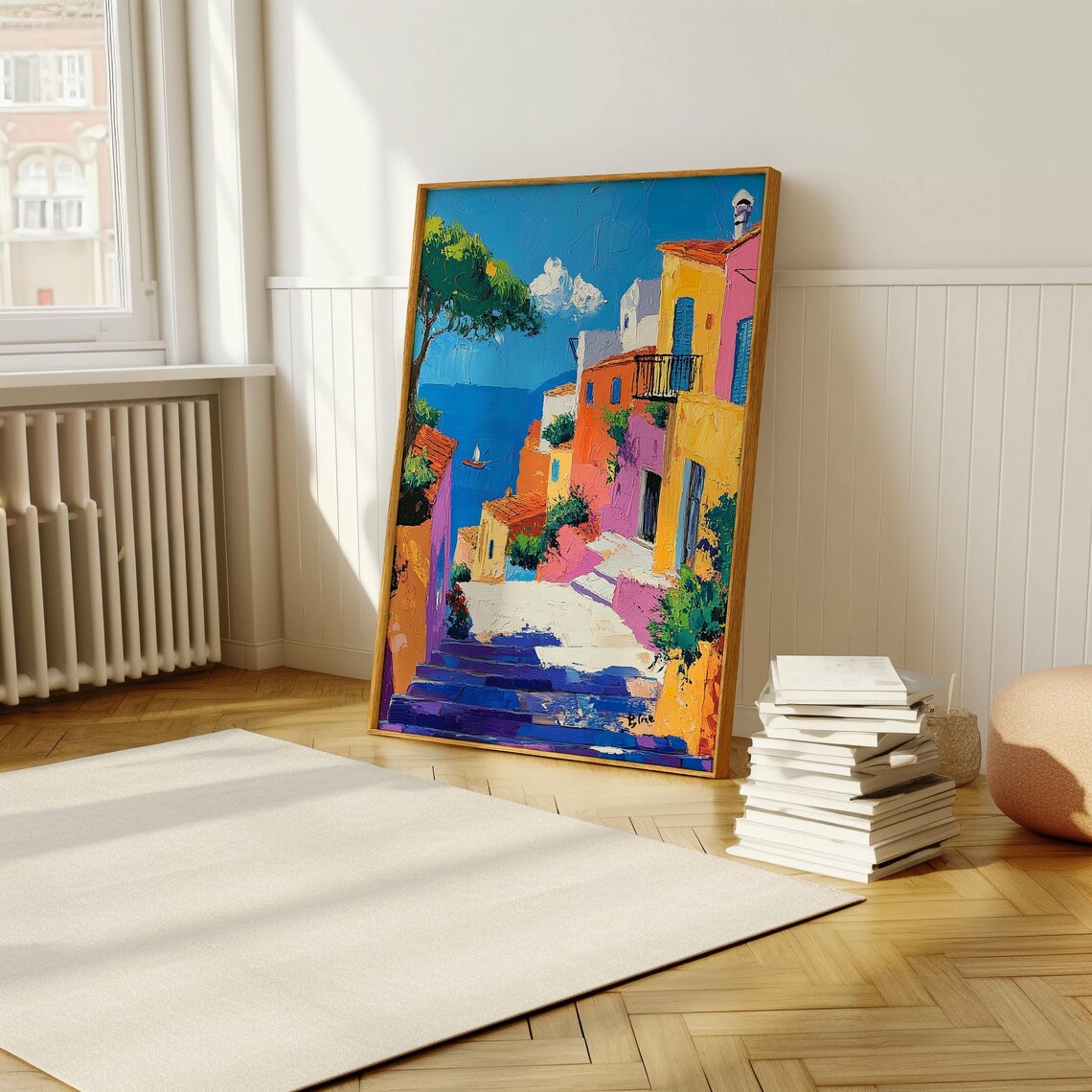 Colorful Coastal Village Steps Oil Painting Mediterranean Poster - Image 5