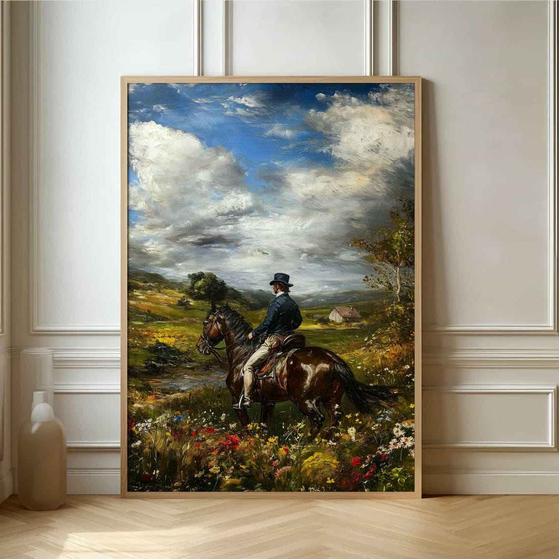 Vintage Equine Art Poster Serene Oil Painting Of Horse Rider In Scenic Landscape