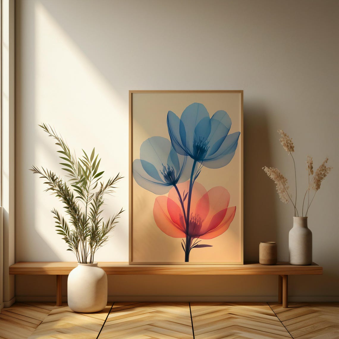 Ethereal Floral Elegance Soft Blue And Coral Flower Wall Art Perfect For Modern And Minimalist Decor - Image 3