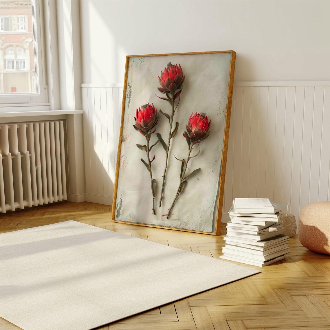 Three Red King Protea Stems On Textured White Rustic Art Print - Image 5