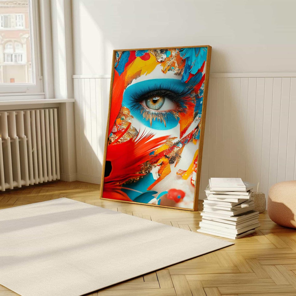 Macro Eye with Blue Shadow and Feathers Vibrant Modern Art Poster - Image 5
