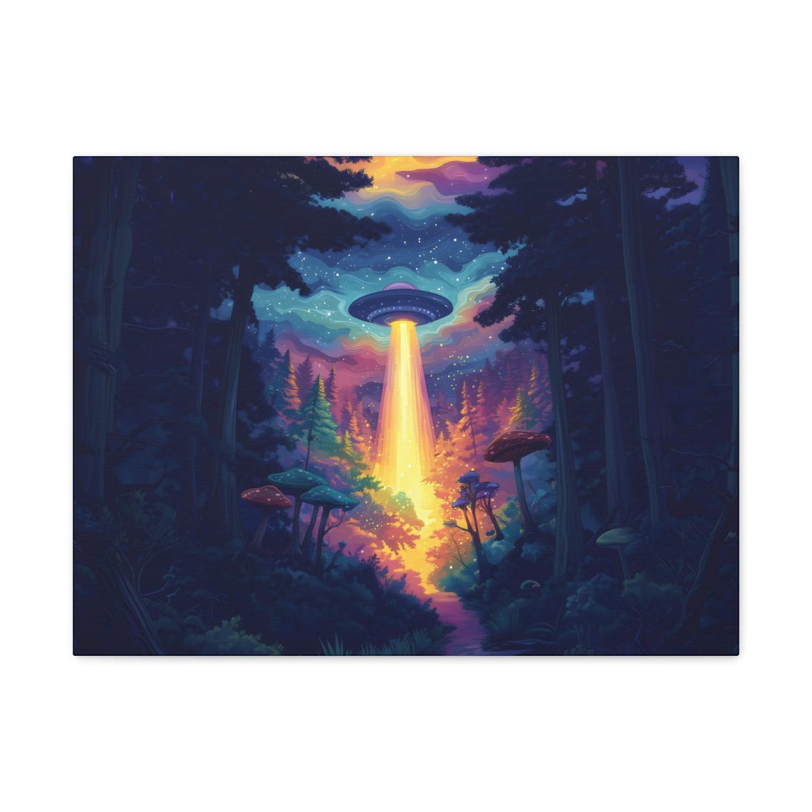 Bright UFO Golden Beam Over Starry Night Mushroom Forest Poster - Image 3