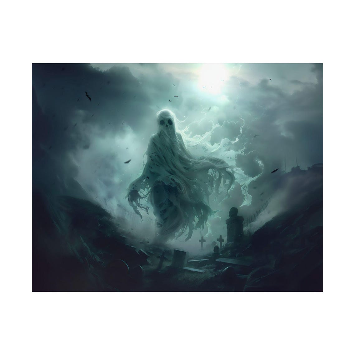 Moonlit Graveyard Ghost Haunting Tombstones Night Horror Art Poster - Image 4