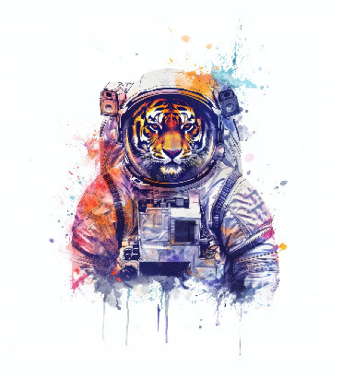 Tiger In Astronaut Helmet Colorful Watercolor Splash Painting Print - Image 2
