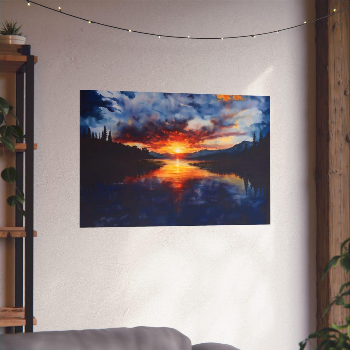 Fiery Sunrise Over Mountain Lake Reflection Silhouette Pines Poster - Image 2