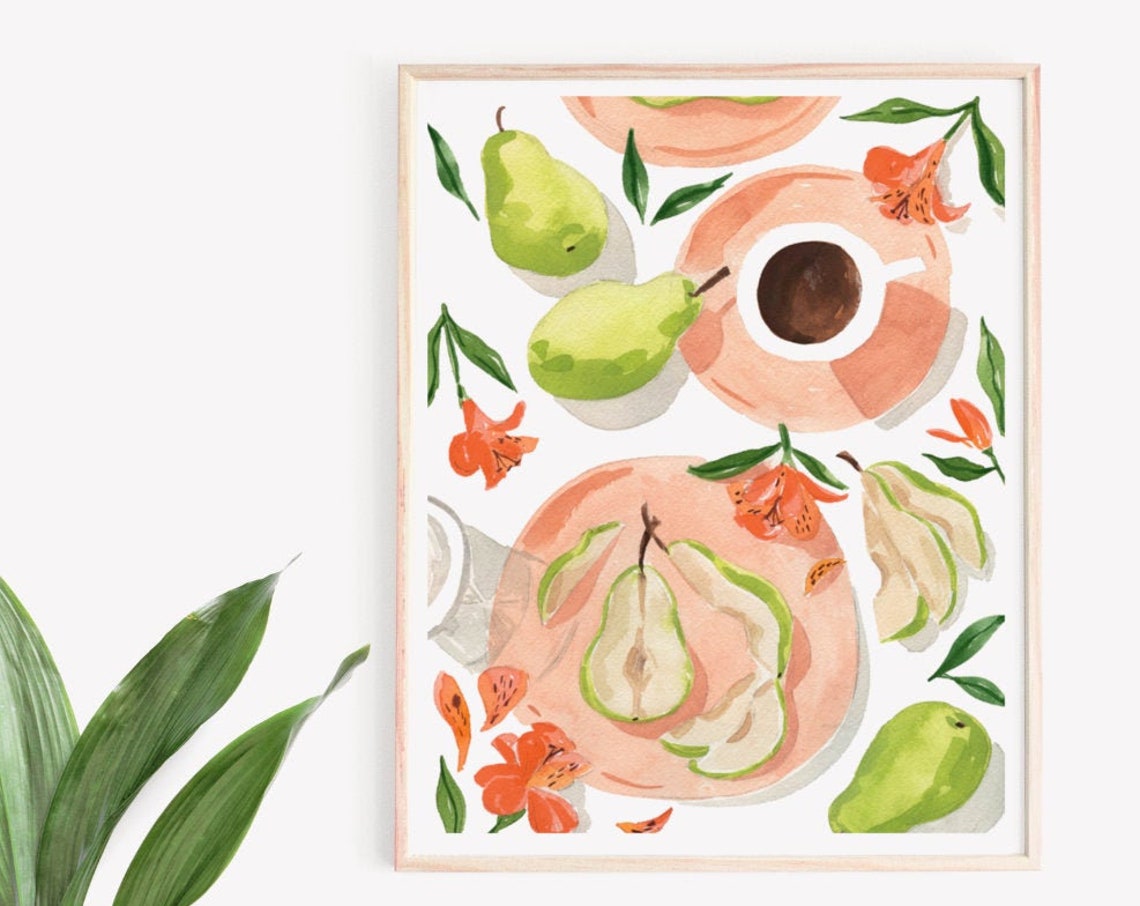 Green Pears Coffee Cup Orange Lily Watercolor Kitchen Pattern Wall Art - Image 4