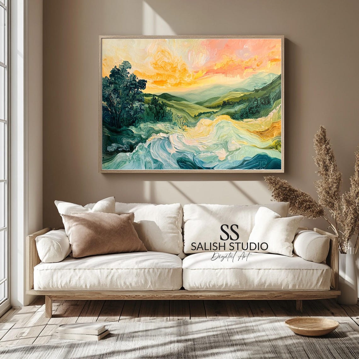 Vivid Rolling Green Hills Golden Sunset Abstract Landscape Poster