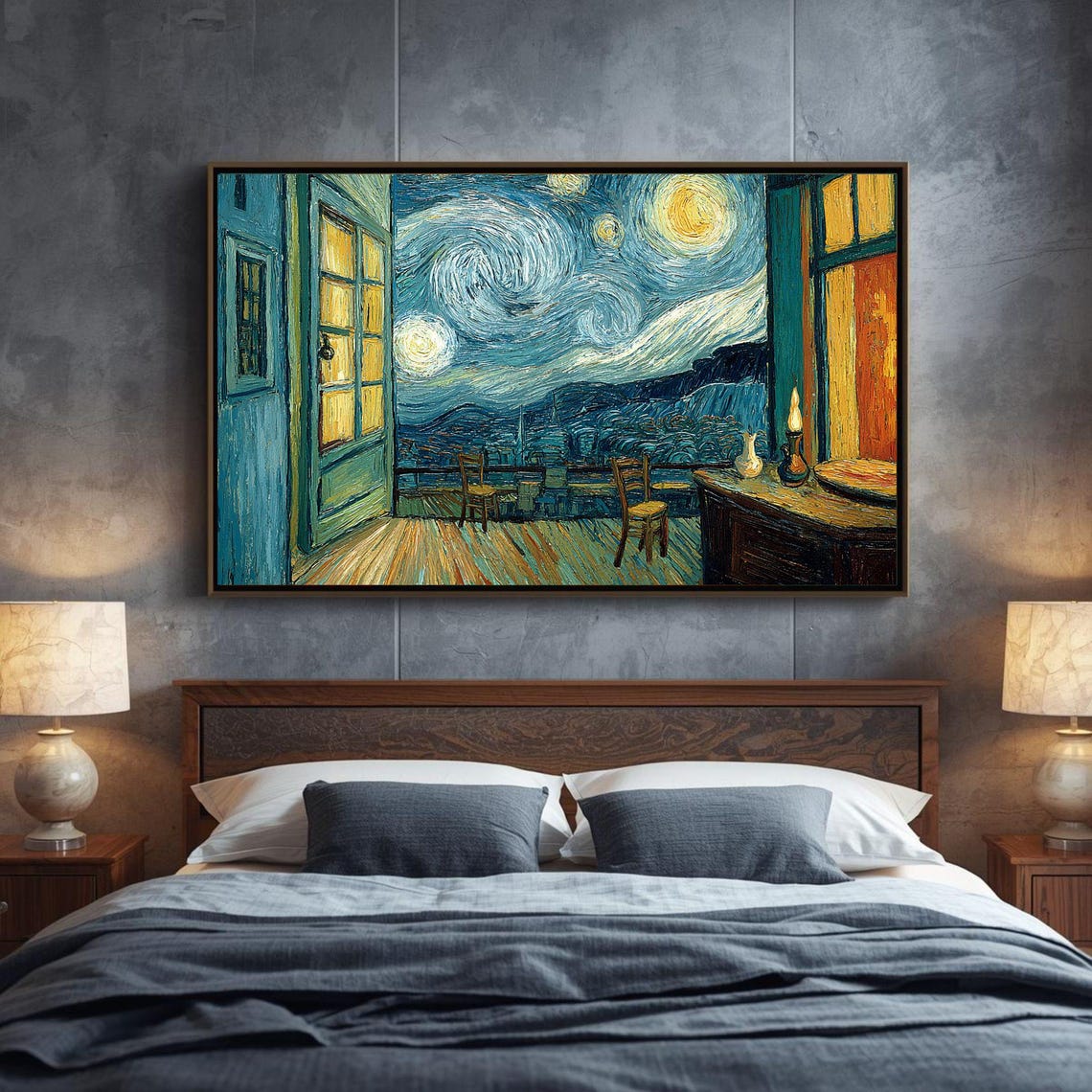 Starry Night Terrace Open Doors Bedroom View Van Gogh Style Art Poster