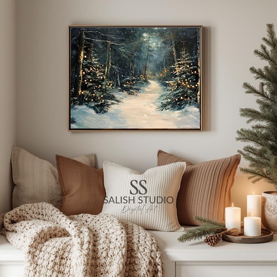 Snowy Forest Path Lit Christmas Trees Winter Painting Poster