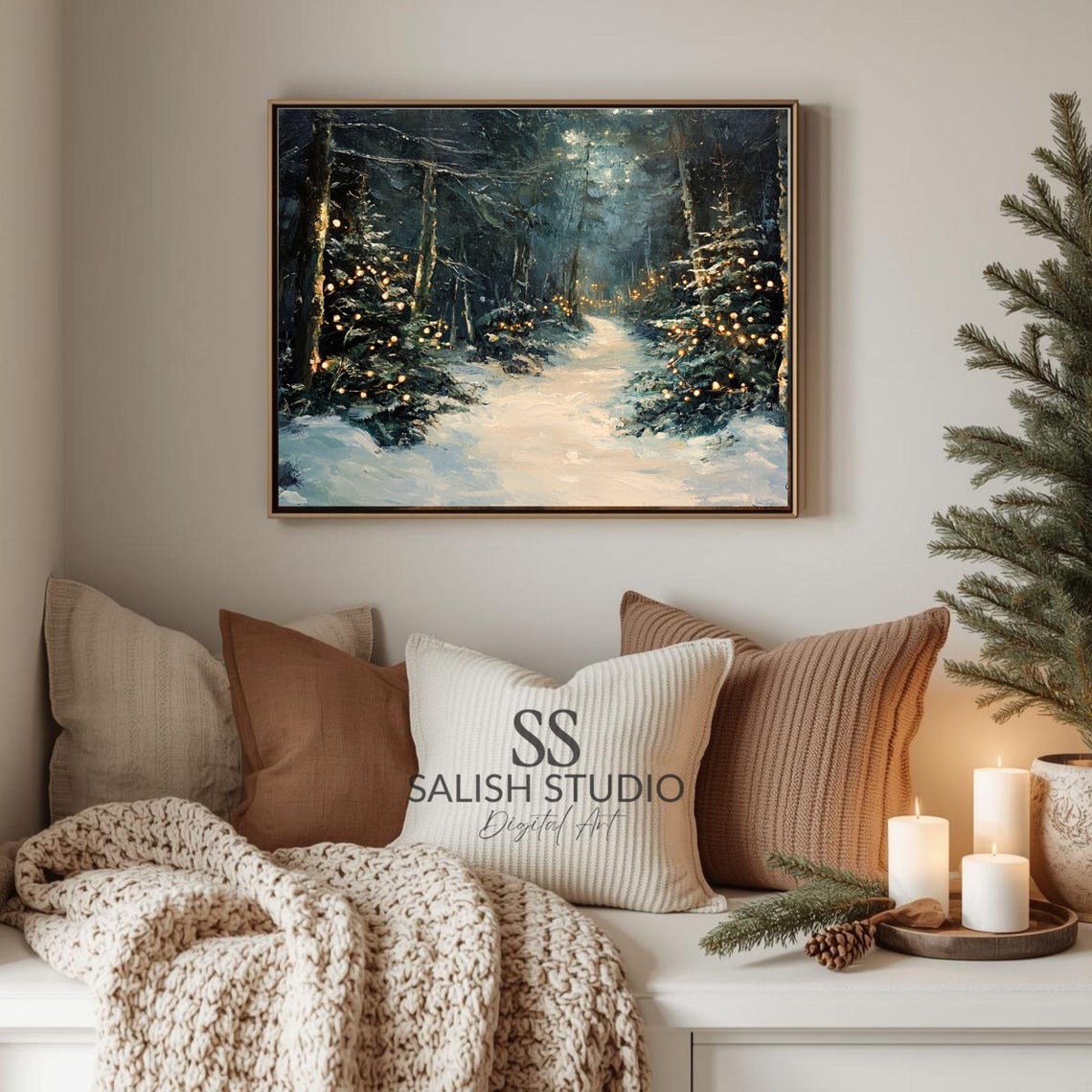 Snowy Forest Path Lit Christmas Trees Winter Painting Poster