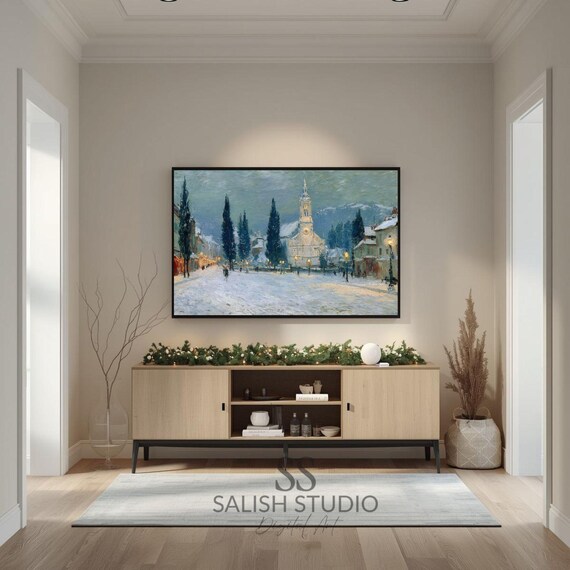 Snowy Village Church Winter Evening Impressionist Painting Print