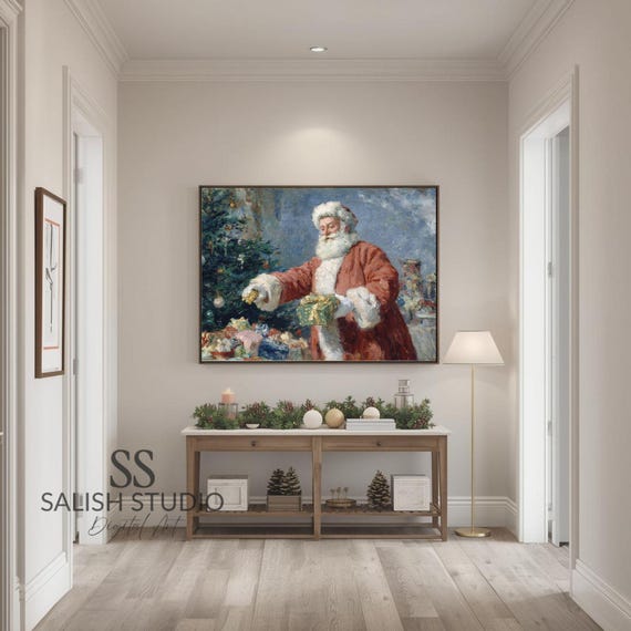 Vintage Santa Claus With Gifts Impressionist Christmas Holiday Art Poster