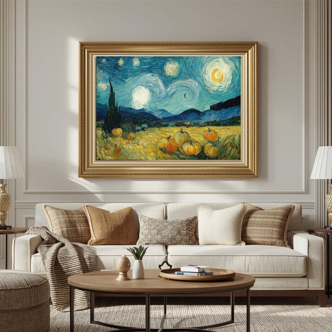 Pumpkin Harvest Under a Starry Night Sky Impressionist Poster