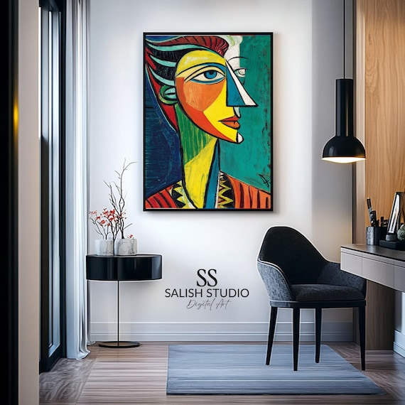 Cubist Woman Profile Portrait Poster in Yellow Green Blue and Orange