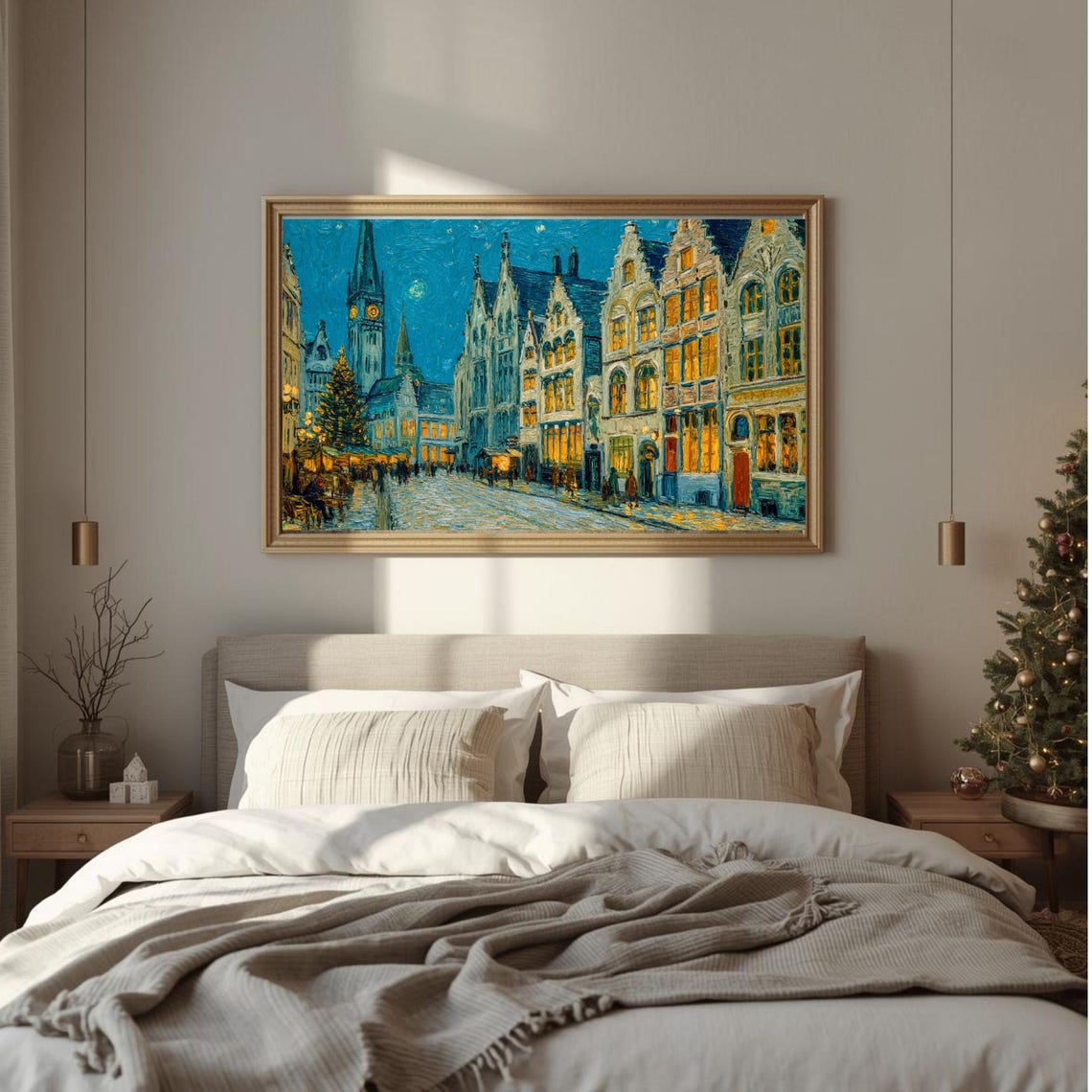 Christmas Market Night Town Square Festive Lights Painting Poster