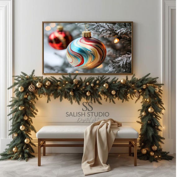 Swirled Christmas Ornament Macro Photo Red Blue Gold Holiday Bauble Poster