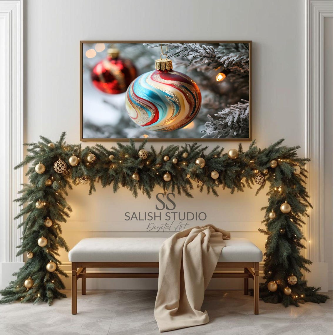Swirled Christmas Ornament Macro Photo Red Blue Gold Holiday Bauble Poster