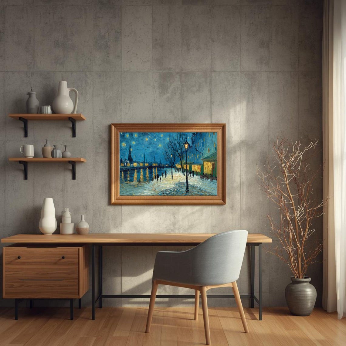 Van Gogh Style Starry Winter River Ice Skaters Night Scene Poster