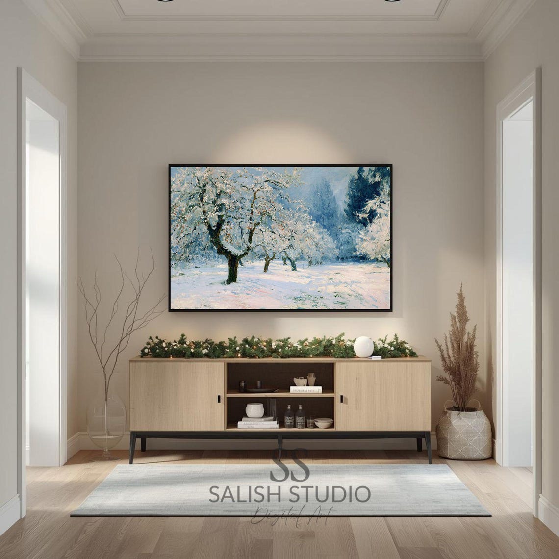 Snowy Winter Orchard Trees Impressionist Landscape Painting Print
