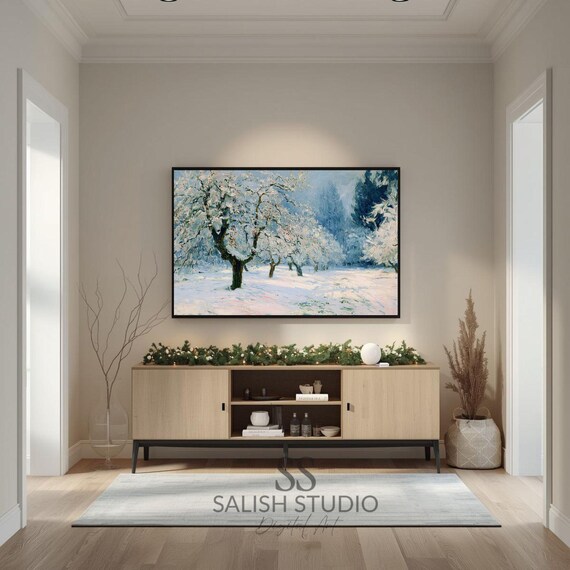 Snowy Winter Orchard Trees Impressionist Landscape Painting Print