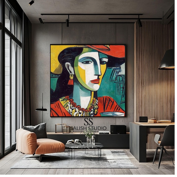 Cubist Woman Portrait Poster with Red Hat and Bold Geometric Colors