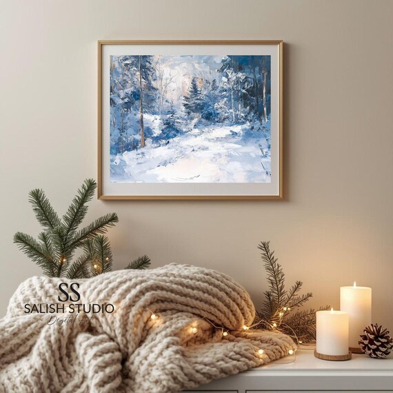 Icy Blue Winter Forest Snow Cool Woodland Scene Painting Poster