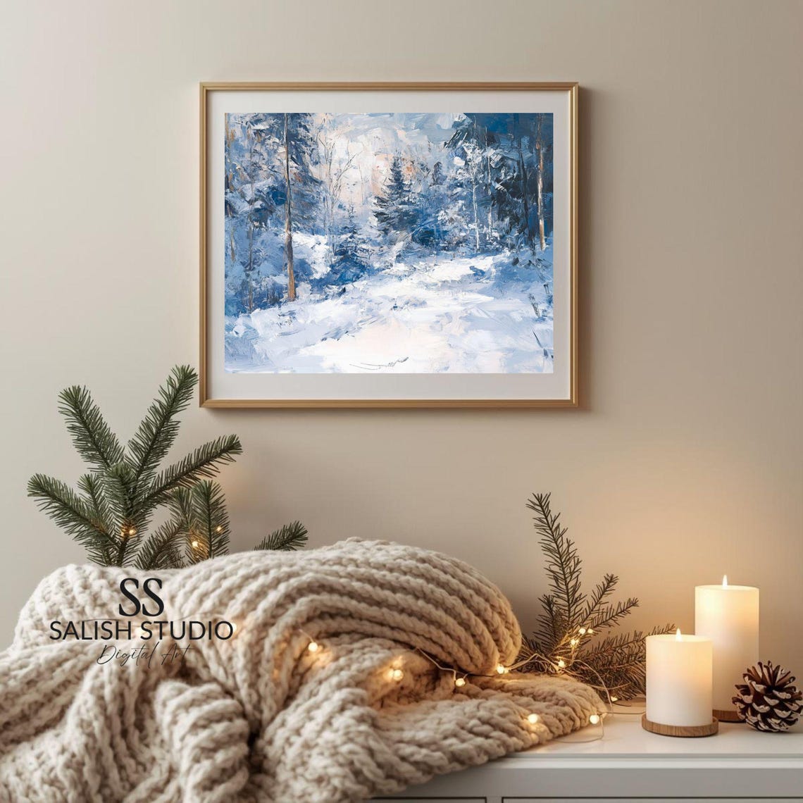 Icy Blue Winter Forest Snow Cool Woodland Scene Painting Poster