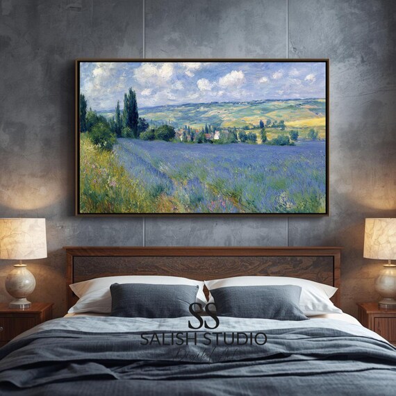 Lavender Field Rolling Green Hills Impressionist Countryside Print