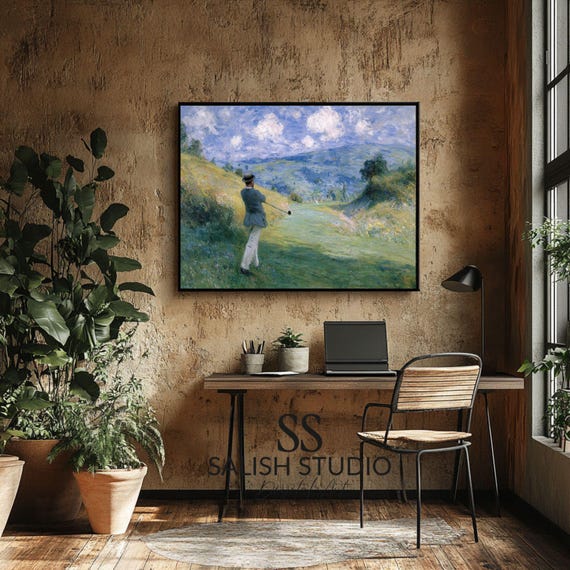 Vintage Golfer Mid Swing on a Hillside Impressionist Golf Art Poster