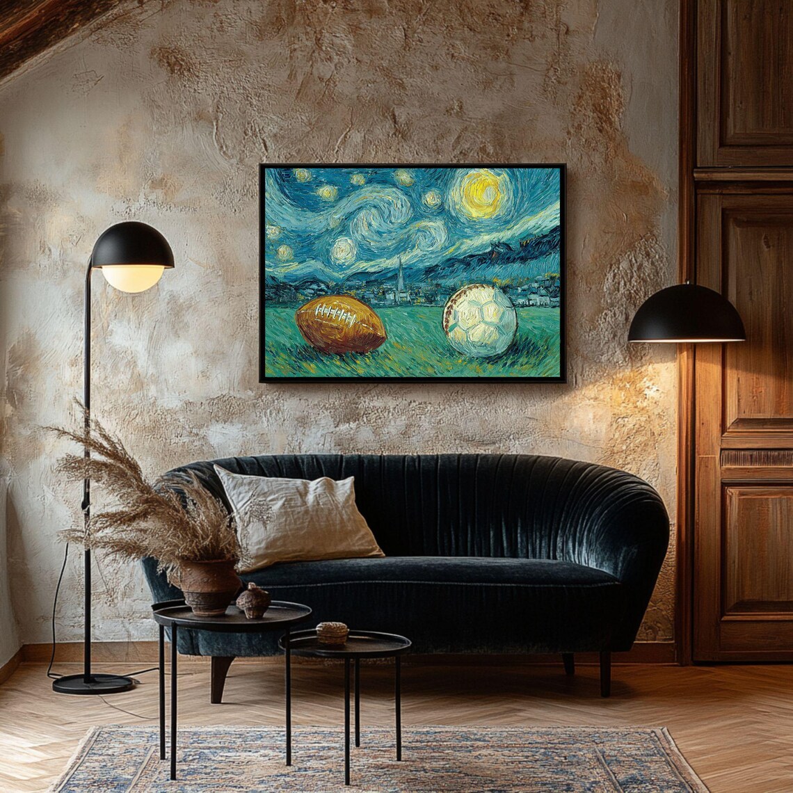 Starry Night Football and Soccer Ball Field Fun Sports Poster