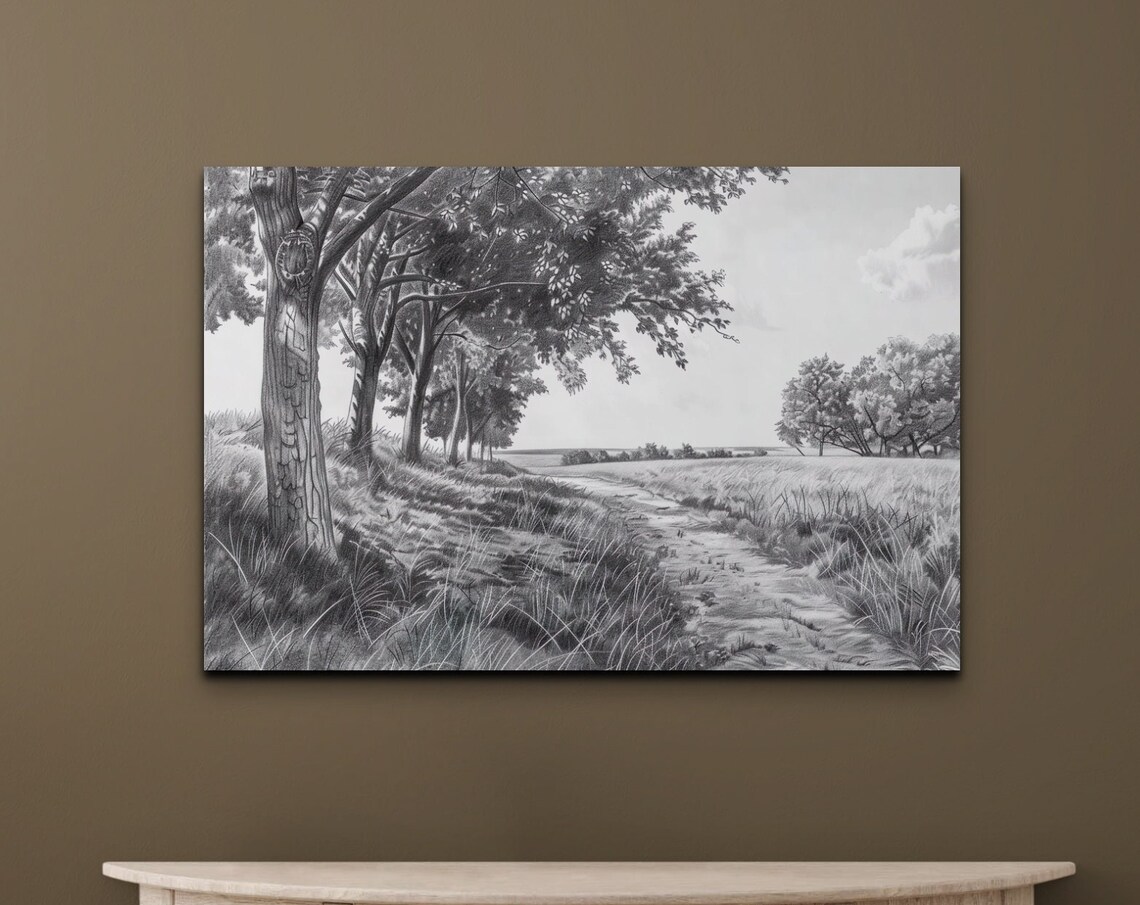 Black And White Charcoal Oak Trees Beside Peaceful Country Path Print